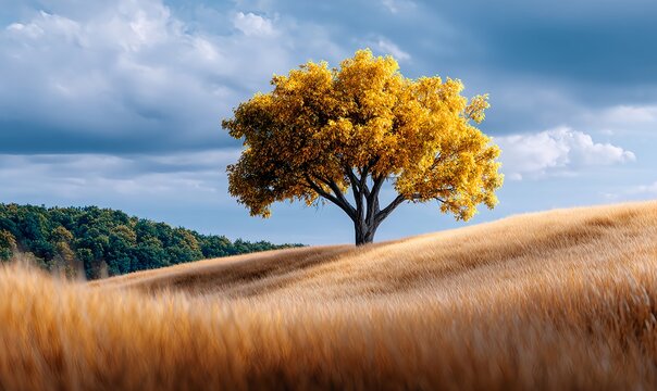 Solitary tree crowning a sunlit golden hillside framed by far autumn forests under a sweeping dramatic sky