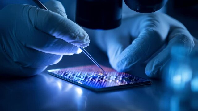 Gloved scientist meticulously analyzing microchip with tweezers under microscope in advanced laboratory, illuminated by blue light, showcasing innovation in technology and research