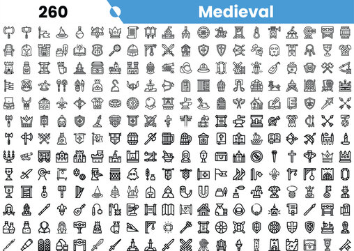 A collection of medieval-themed black and white icons showcasing various symbols of the era.