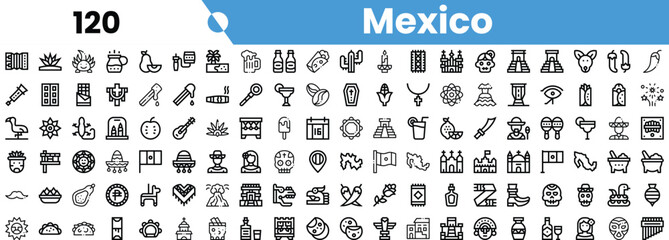 A diverse collection of black and white icons representing cultural symbols, attractions, and traditions of Mexico.