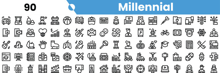 A diverse collection of icons representing millennial themes and activities, including technology, education, and social interactions.