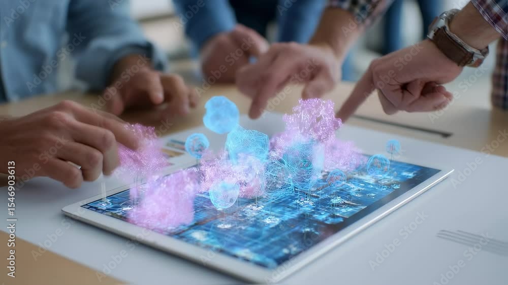 Poster software engineers are manipulating complex holographic 3d model projected from digital tablet, visu