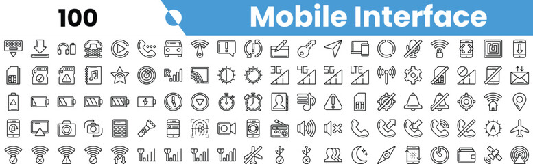 A collection of outline icons for mobile interface design, showcasing diverse functions and features in a modern style.
