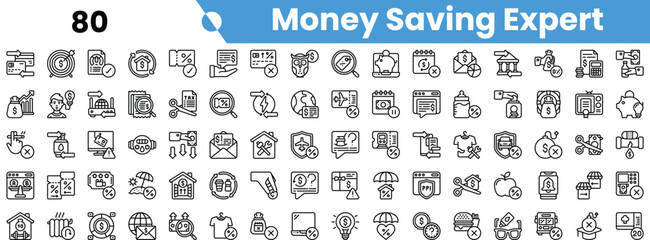A collection of minimalist black icons representing money-saving concepts and strategies for financial management.