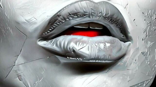 Close-up of stylized lips, grey and silver tones, red interior