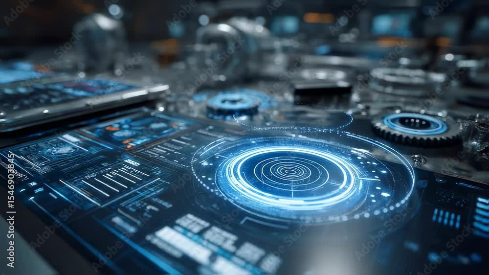 Poster futuristic control panel displaying data analysis and processing information, incorporating holograp