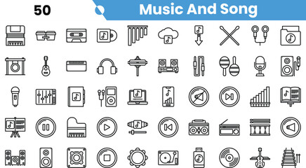 A collection of various music and song icons in a minimalist black and white design, perfect for creative projects.