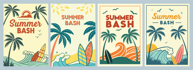 Vibrant Summer Bash Poster Designs Showcasing Surfboards and Palm Trees for an Unforgettable Celebration