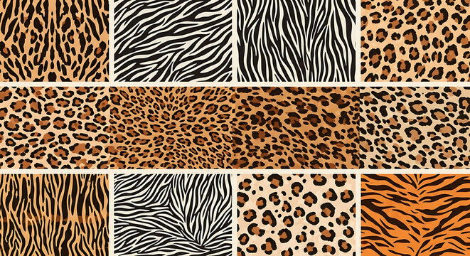 Various animal print patterns including leopard zebra and tiger arranged in a tiled composition style