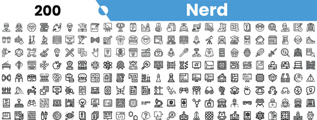 A diverse collection of icons representing nerd culture, including technology, science, and gaming themes.