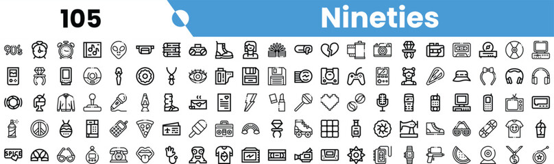 A vibrant collection of s-themed icons featuring nostalgic symbols, including gadgets, games, and pop culture references.