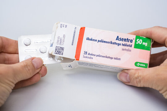Tallinn, Estonia - June 22, 2025: Asentra tablets contain sertraline, a selective serotonin reuptake inhibitor (SSRI) for depression, anxiety.. Manufactured by KRKA.