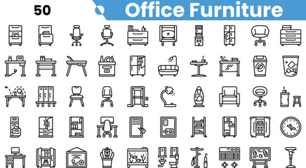 A diverse collection of office furniture icons in a minimalist style, showcasing a variety of desks, chairs, and storage solutions.