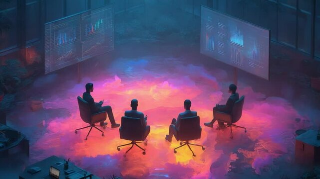 Futuristic Tech Conference with Data Visualization in a Neon-Lit Virtual Meeting Room