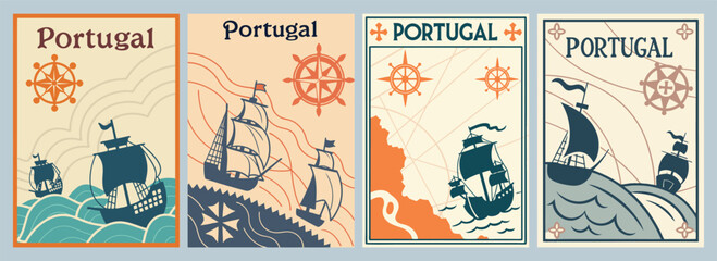 Vintage Illustrations of Portugal Sailing Ships Nautical Symbols and Elegant Patterns in Muted Colors Poster Collection