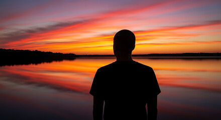 Silhouette of a person facing a lake reflecting a vibrant sunset with colorful clouds above