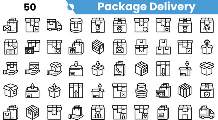 A collection of icons representing package delivery services, featuring various box designs, delivery vehicles, and shipping symbols.