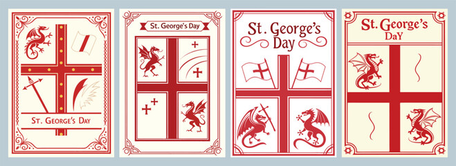 Celebrate English Heritage with Vibrant Saint George's Day Cards Featuring Symbolic Crosses and Dragons in Red and Cream a Set of Four Decorative Posters