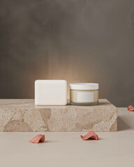 Minimal Spa Scene with Blank Soap Bar, Candle Jar, and Dried Rose Petals