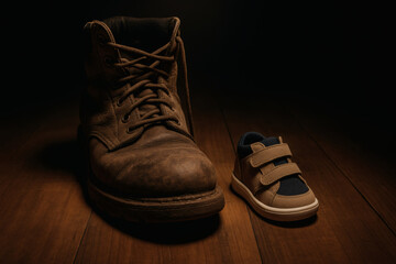 Father’s Day background with big brown boot and tiny kid shoe symbolizing father and son relationship, dia dos pais