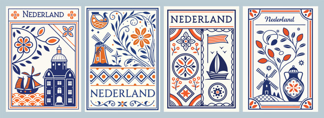 Vibrant Dutch Art Poster Celebrating Traditional Symbols of the Netherlands with Bold Colors Featuring Windmills Flowers and Ships