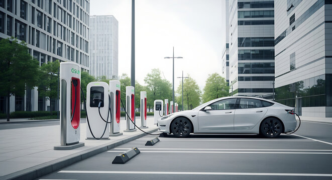 Electric car charging at a row of charging stations in an urban environment with modern buildings