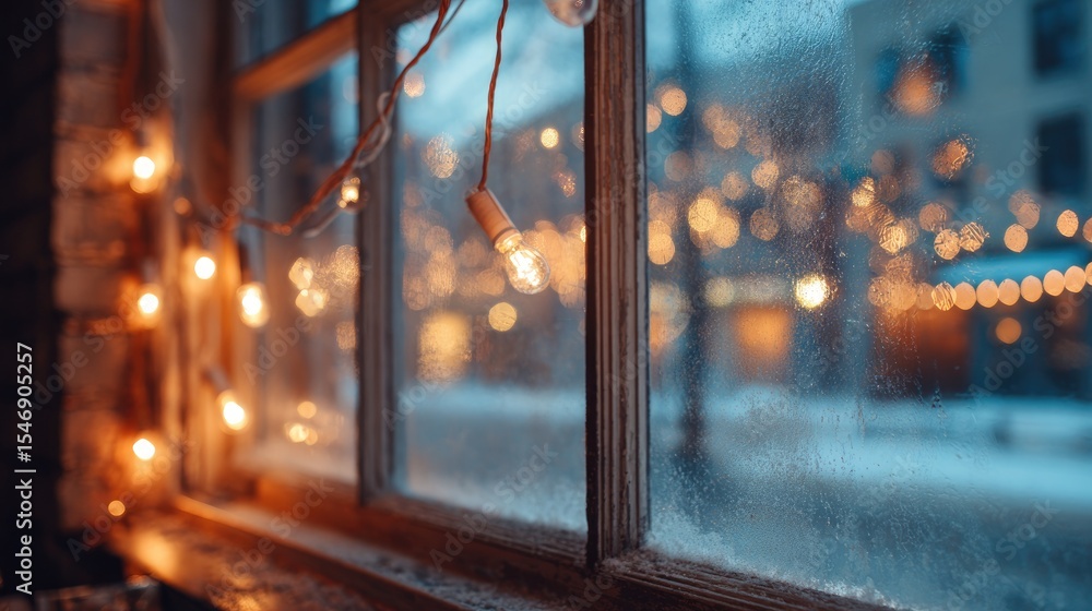 Poster frosted window in cozy urban setting with glowing string lights and soft winter bokeh outside