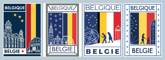 Vibrant Vintage Poster Collection Celebrating Belgium's Iconic Landmarks and Symbols in Modern Design