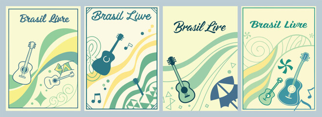 Vibrant Music-Inspired Graphic Designs Featuring Guitars Notes and Playful Patterns for a Lively Brazilian Music Event Poster Collection