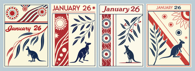 Vibrant Australian Poster Designs Celebrating January 26 with Intricate Kangaroo Illustrations and Bold Colorful Patterns