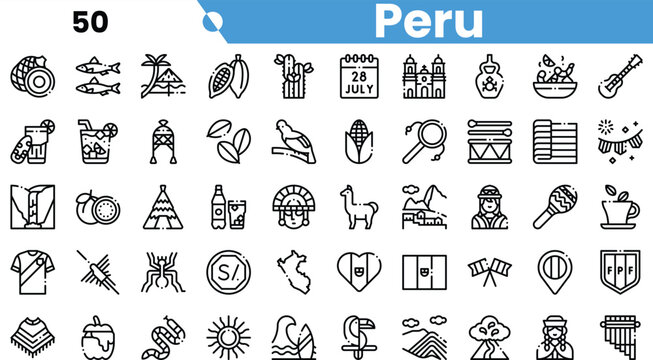 A collection of illustrated icons representing Peru's culture and heritage, featuring traditional foods, wildlife, and festive symbols.