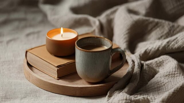 A burning candle stands on a book next to a cup of coffee on a wooden tray of rumpled sheets
