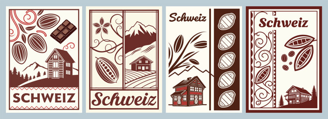 Swiss Chocolate Journey Illustrated Cocoa Mountains and Rustic Homes in Warm Hues Poster Designs