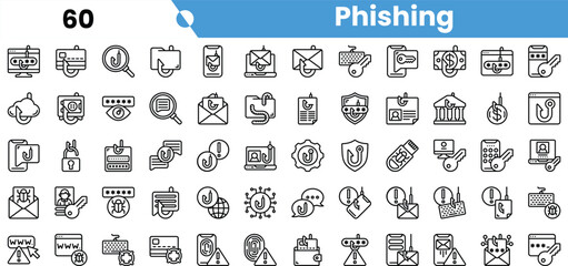 A collection of line icons representing phishing concepts including emails, alerts, and security symbols.
