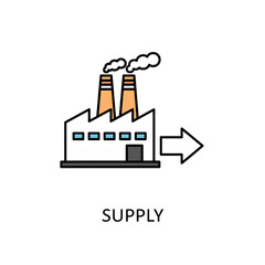 Factory Production Supply Chain Icon Design featuring industrial building and arrow signifying...
