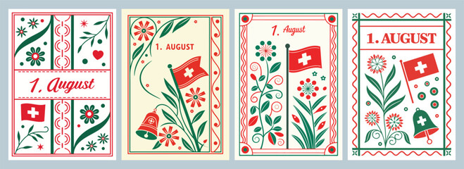 Vibrant August 1st Celebrations Four Colorful Illustrations of Swiss Flags Floral Designs and Decorative Elements in Bold Reds and Greens Poster Collection