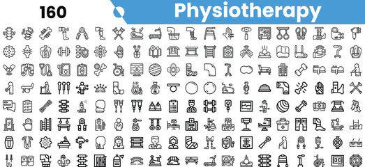 A collection of physiotherapy icons illustrating various therapeutic practices and equipment, showcasing a range of tools and methods used in patient recovery.