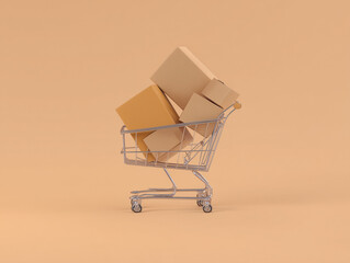 Minimalist Shopping Cart Mockup with Brown Packages on Peach Background