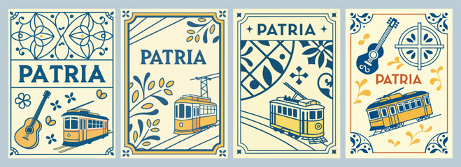 Heritage and Culture Celebrated Through Vintage-Inspired Decorative Illustrations of Trams Guitars and Floral Motifs in Warm Hues Poster Designs