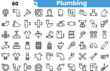 A comprehensive collection of plumbing icons, featuring a variety of tools and fixtures in a minimalist line art style.