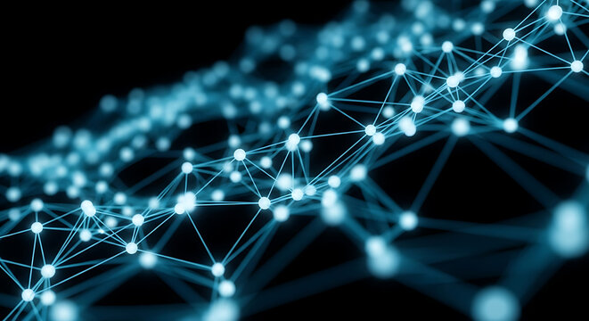 Glowing blue network of connected dots and lines against a dark black background abstract design