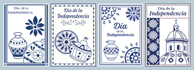 Elegant Cards Celebrating D�a de la Independencia with Traditional Motifs Floral Designs and Decorative Pottery in Blue and White Poster Collection