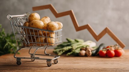 Mini Shopping Cart Potatoes Vegetable Price Drop Grocery Inflation Food Cost Wooden Arrow Downward Trend Fresh Produce Market Economics Decline farm cheap sales rural image photo