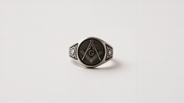 Masonic ring with intricate emblem on white background