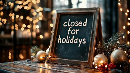 Chalkboard sign reading "closed for holidays" surrounded by Christmas ornaments, pine branches, and warm holiday lights. - Powered by Adobe