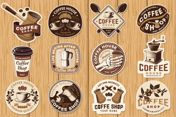 Coffee shop. Hot and aromatic. Vector. Concept for cafe and restaurant logo, brand, label with paper coffee cup, branch of coffee tree, grinder silhouette