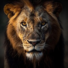 Fototapeta premium Closeup Portrait of a Lions Face Reflecting Vision Determination and Integrity Embodying Empowerment and Leadership In Wildlife Kingdom With Fierce Gaze
