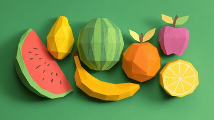 Colorful 3d paper cut out fruits on green background