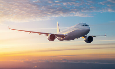 Fototapeta premium Majestic Airplane Soaring Through Sunset Skies Breathtaking Aerial View