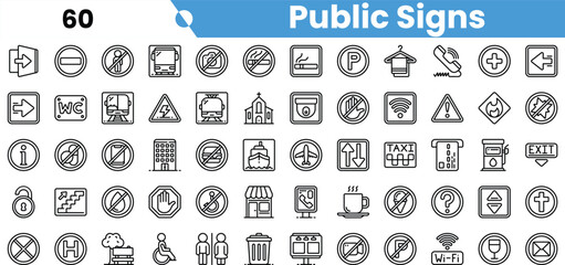 A diverse collection of public signs including directional, informational, and prohibition symbols in a clean, black and white design.